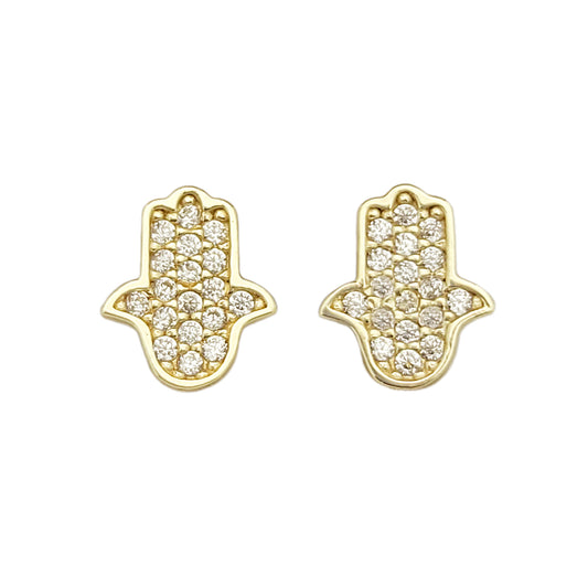 10k Yellow Gold Hamsa Earrings Hand of Fatima Earrings CZ