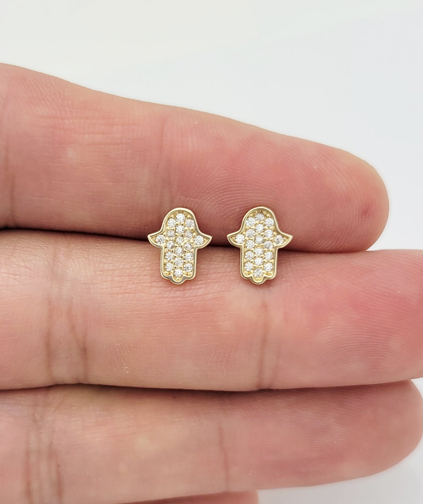 10k Yellow Gold Hamsa Earrings Hand of Fatima Earrings CZ