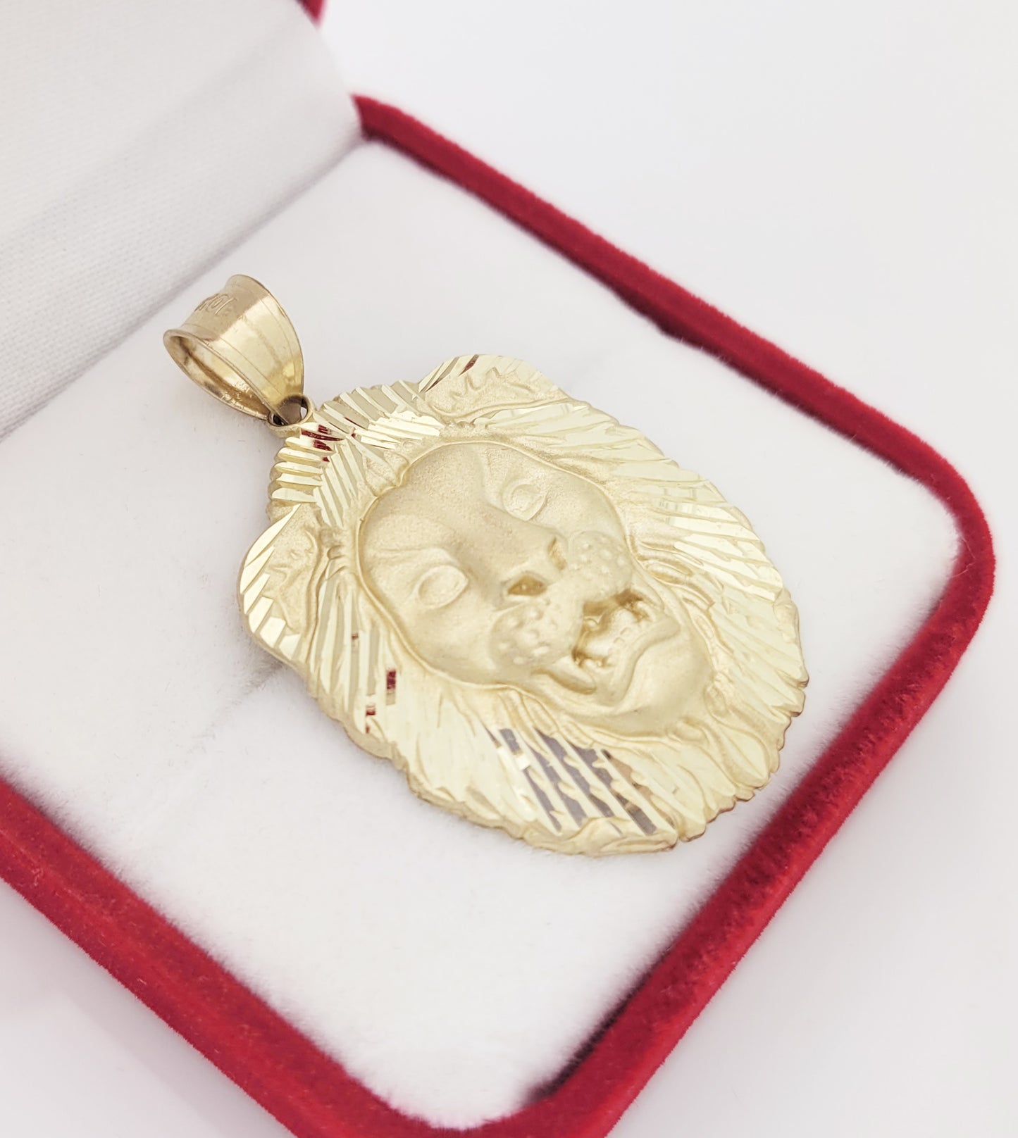 10K Yellow Gold Lion Head Charm Pendant Diamond Cut 1.5 inch