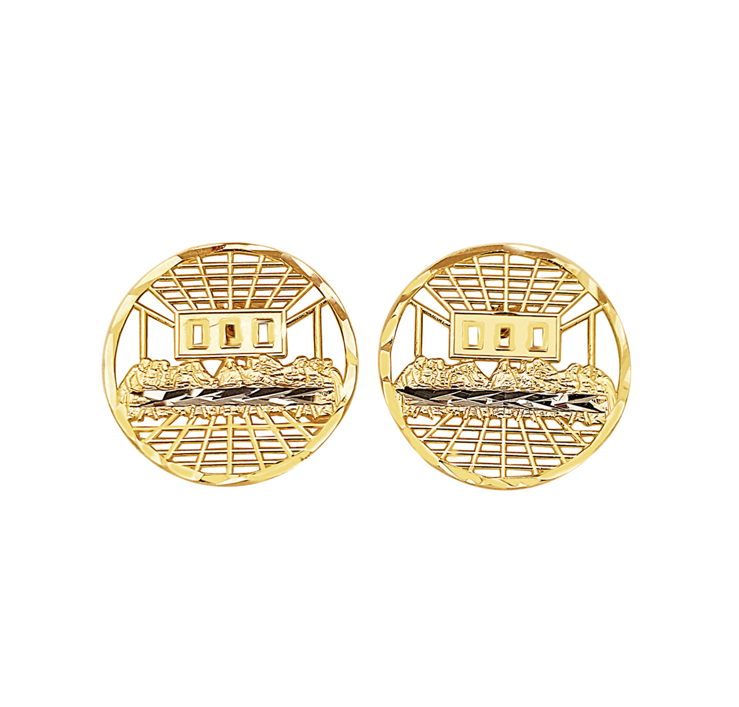 10k Yellow Gold Last Supper Earrings Round Diamond Cut