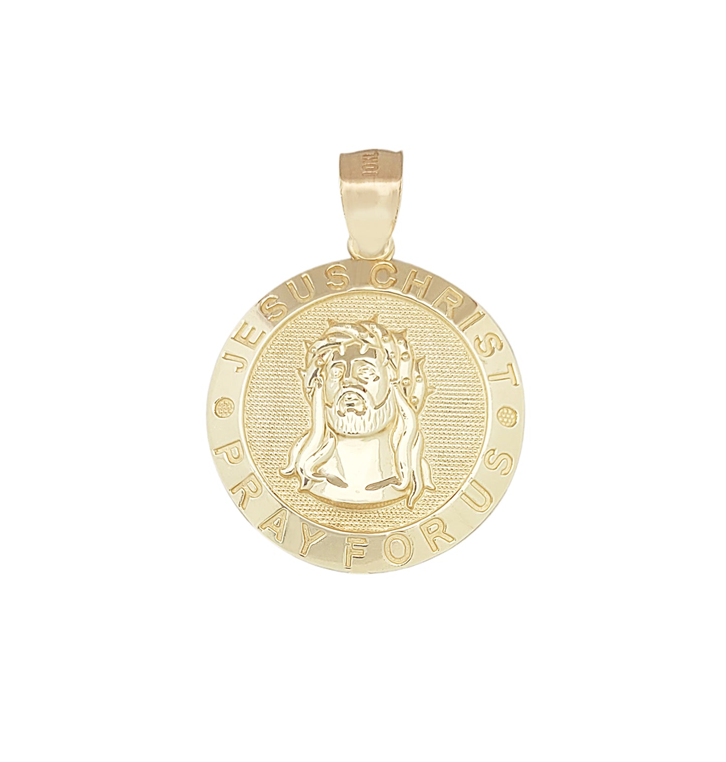 10k Yellow Gold Jesus Face Medallion Jesus Charm Pendant Pray For Us 0.9 inch Diameter