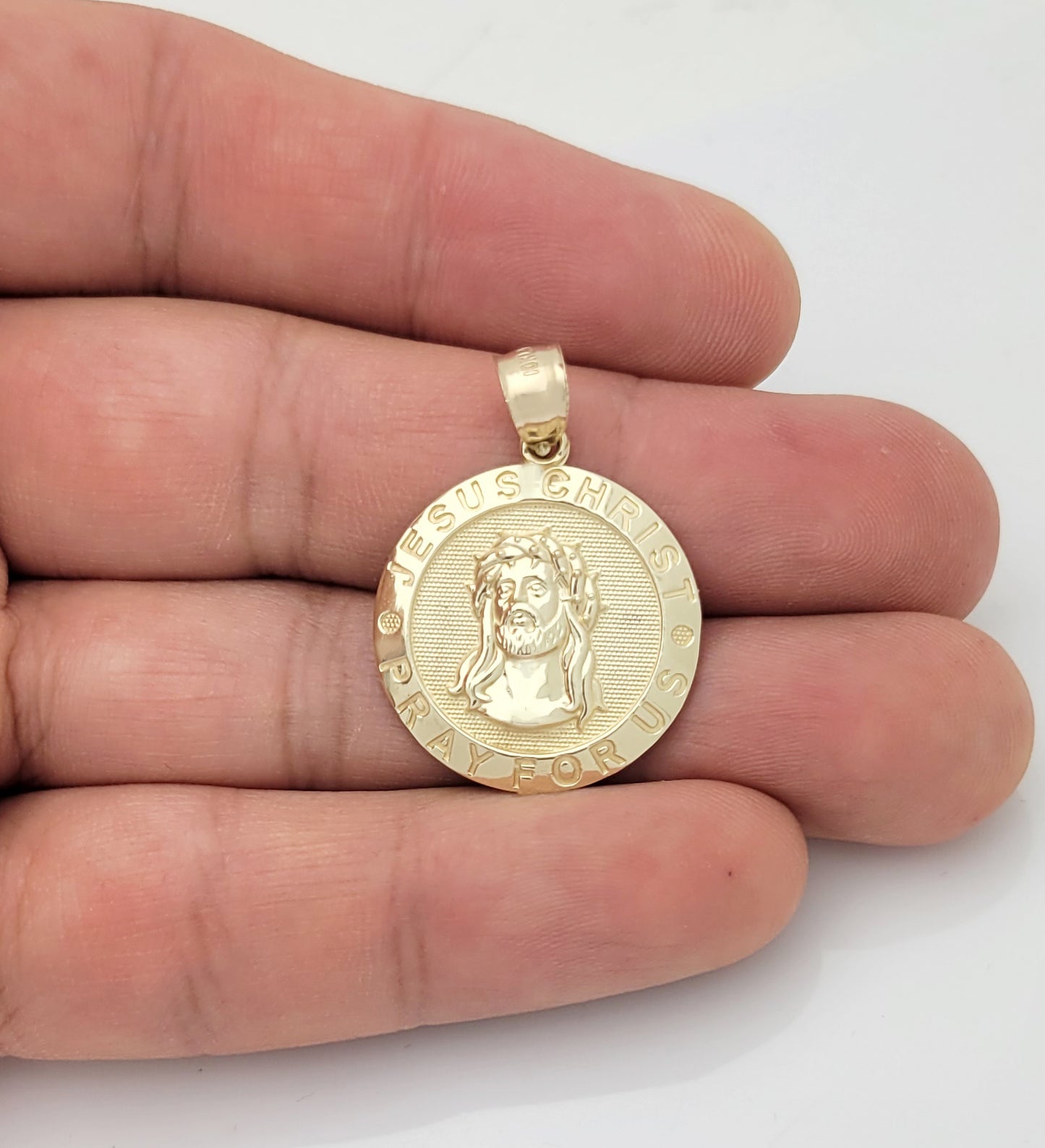 10k Yellow Gold Jesus Face Medallion Jesus Charm Pendant Pray For Us 0.9 inch Diameter