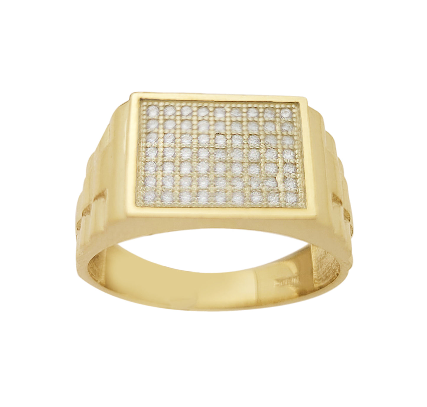 Mens Gold CZ Ring Micro Pave Setting 10K Yellow Gold Rolex Style