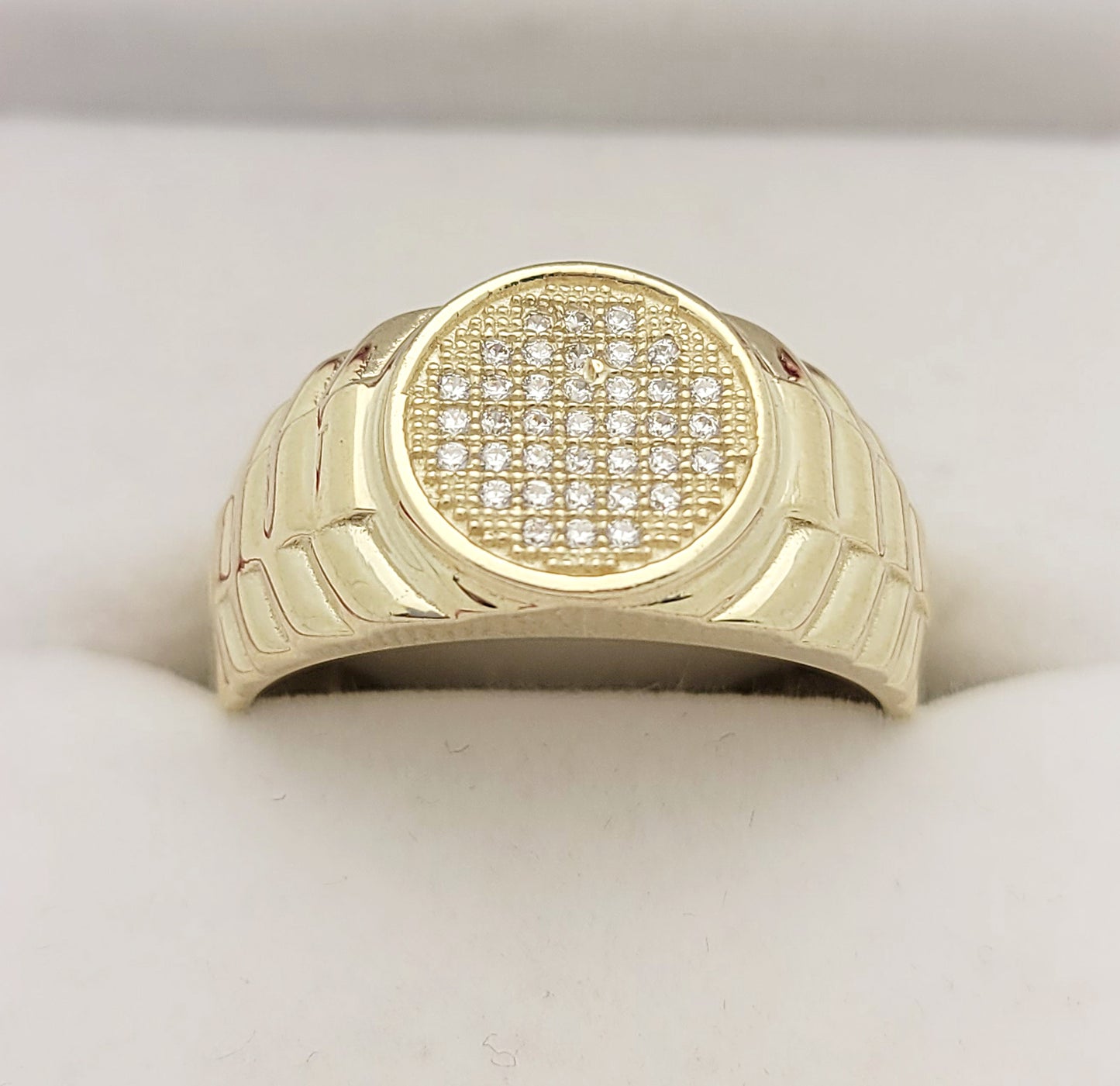 10k Yellow Gold Rolex Style Mens Ring CZ Ring