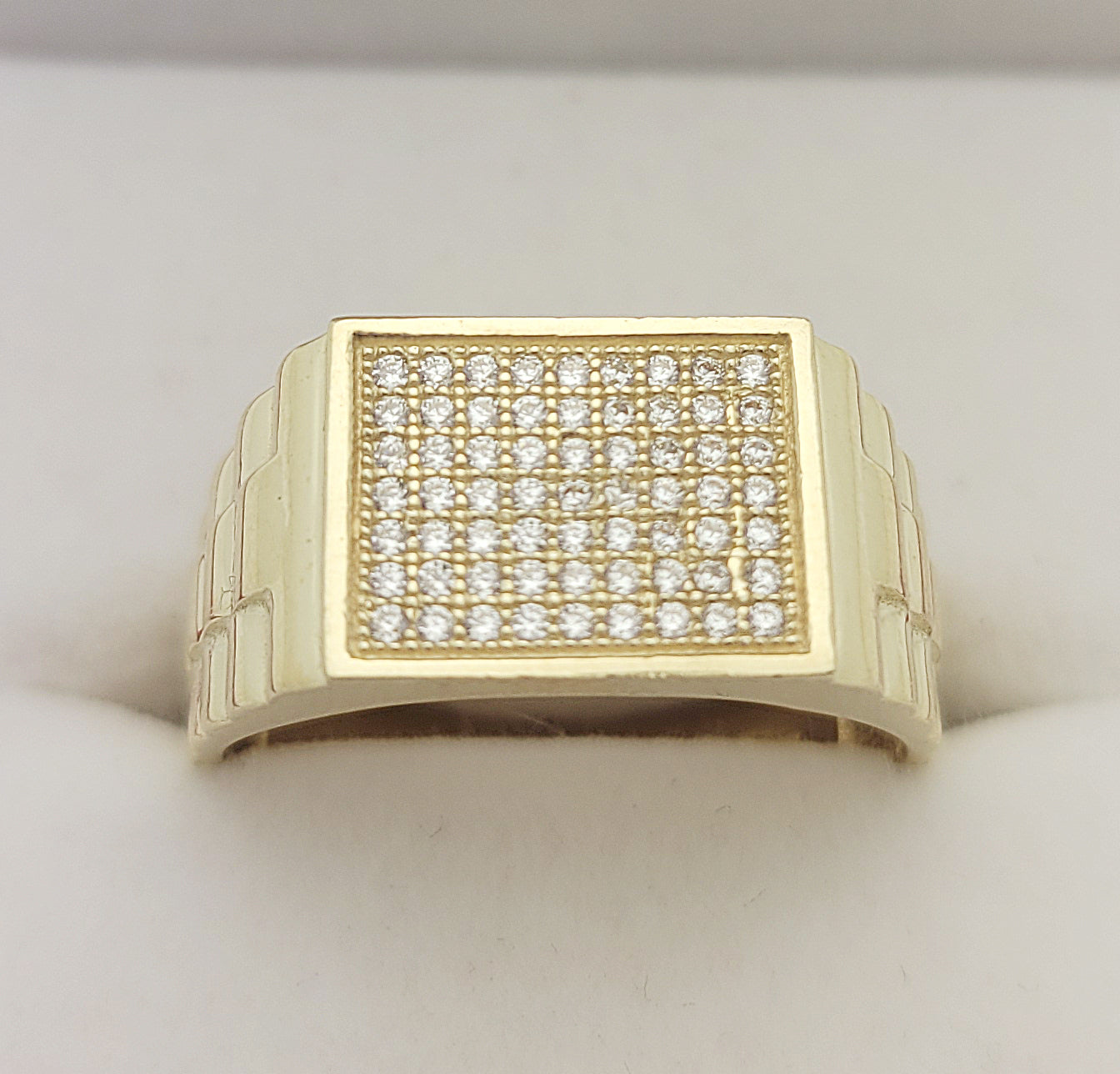 Mens Gold CZ Ring Micro Pave Setting 10K Yellow Gold Rolex Style