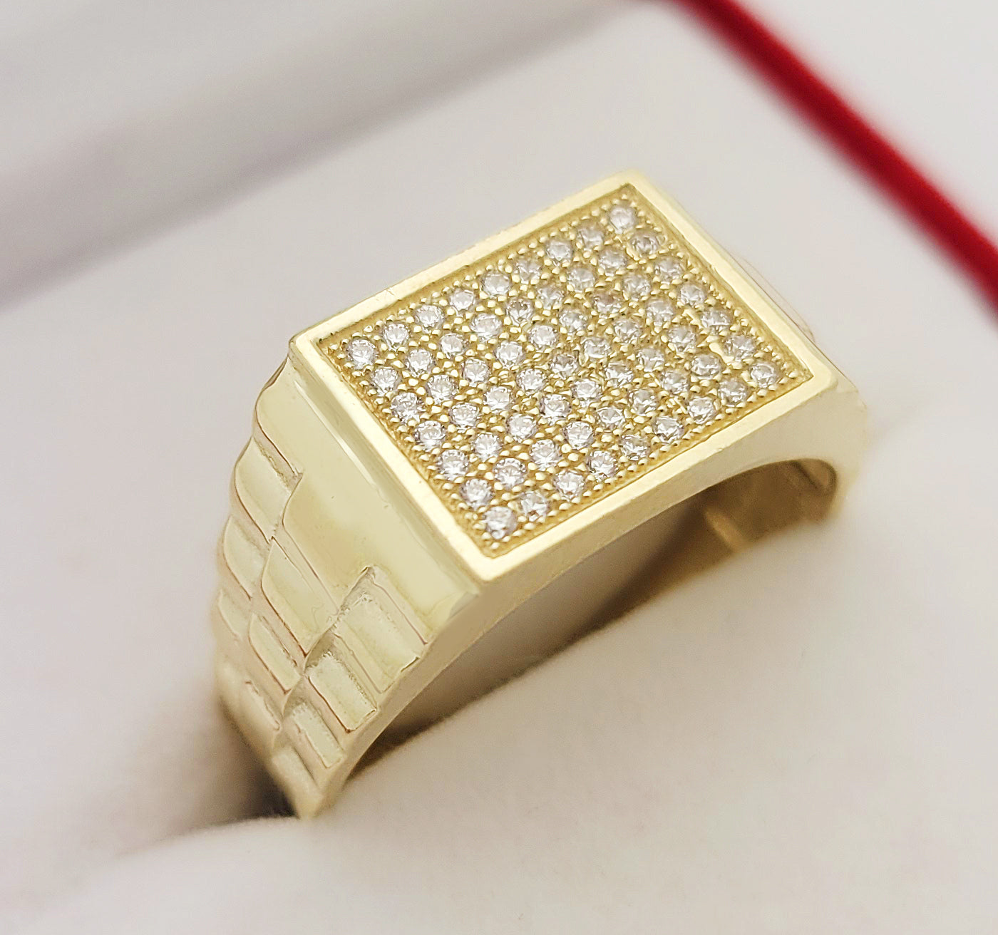 Mens Gold CZ Ring Micro Pave Setting 10K Yellow Gold Rolex Style