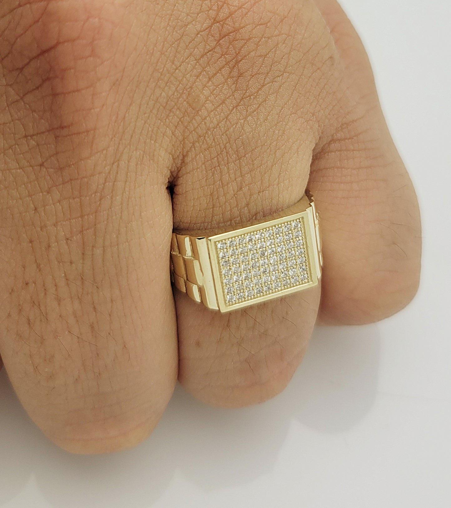 Mens Gold CZ Ring Micro Pave Setting 10K Yellow Gold Rolex Style