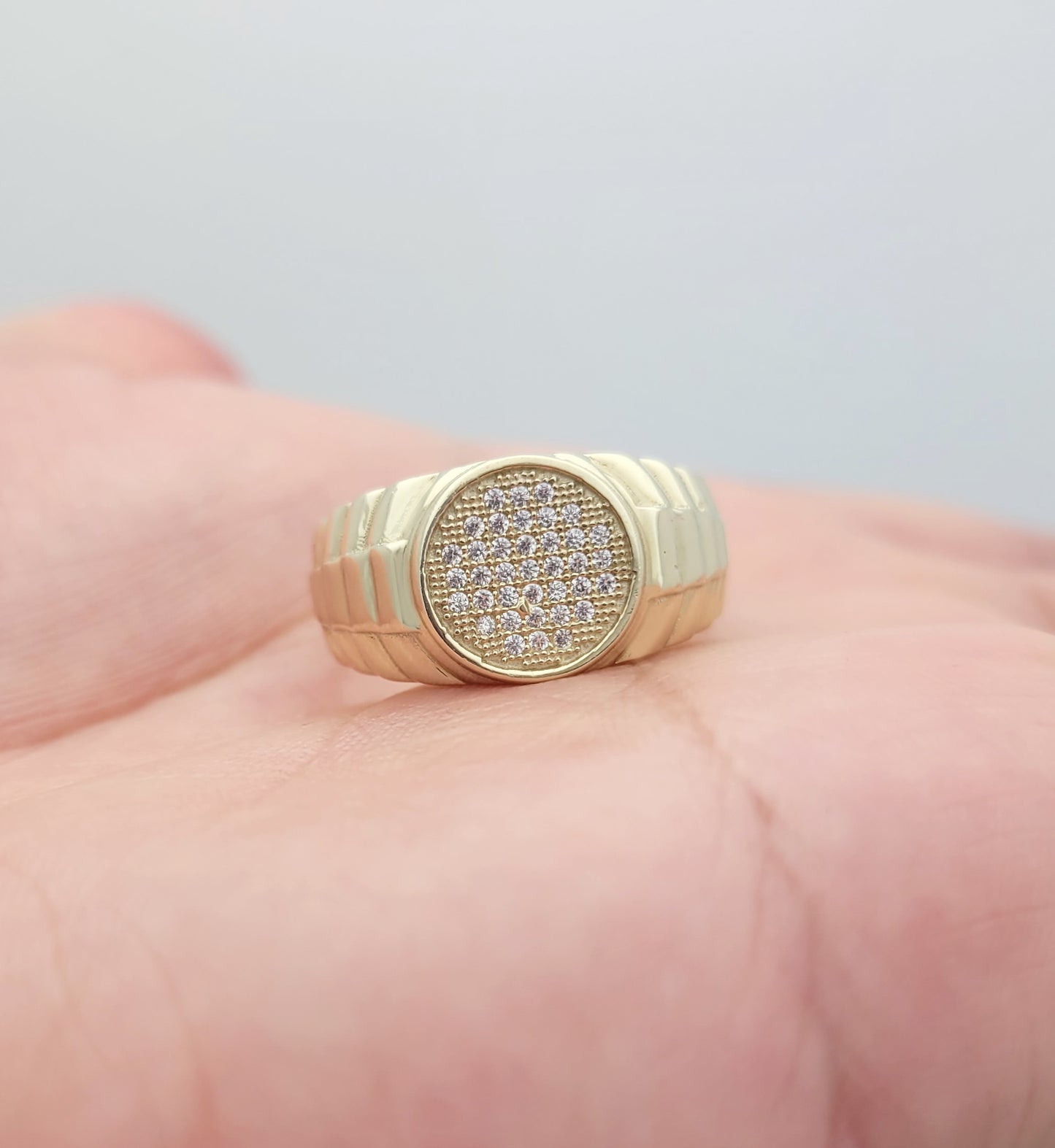 10k Yellow Gold Rolex Style Mens Ring CZ Ring